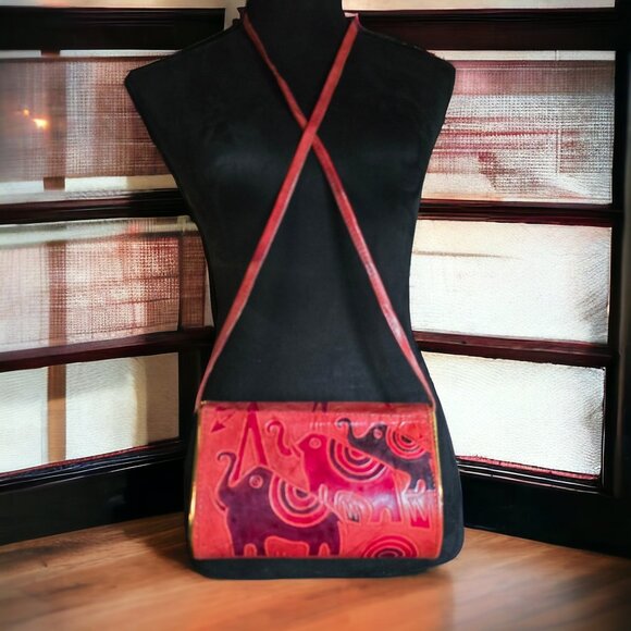 ELEPHANT PAINTED HAND TOOLED LEATHER Crossbody Handbag Purse Made in Ind… - Picture 6 of 10